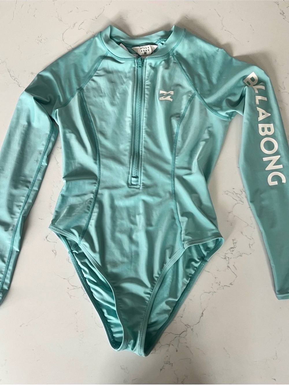Billabong Aqua Blue Long-Sleeve Zip Front One-Piece Rash Guard - Picture 2 of 2